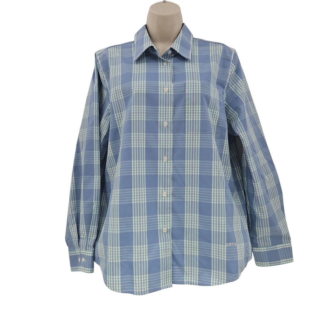 Orvis Shirt Womens 14 L Blue Plaid Button Up Wrinkle Free Long Sleeve Pocket Top